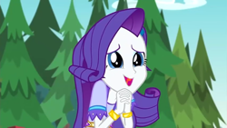 Size: 854x480 | Tagged: safe, screencap, rarity, equestria girls, legend of everfree, bracelet, clothes, happy, jewelry, smiling, solo, tree