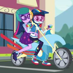 Size: 878x878 | Tagged: safe, derpibooru import, screencap, rainbow dash, sci-twi, twilight sparkle, better together, equestria girls, fomo, converse, cropped, cute, geode of super speed, geode of telekinesis, magical geodes, motorcycle, shoes, sneakers, twiabetes