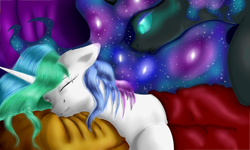 Size: 5000x3000 | Tagged: safe, artist:ruanshi, nightmare moon, princess celestia, alicorn, pony, absurd resolution, eyes closed, pillow, sleeping