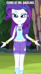 Size: 600x1070 | Tagged: safe, edit, edited screencap, screencap, rarity, equestria girls, legend of everfree, come at me bro, cropped, darling, image macro, lip bite, meme, smiling, smirk, solo