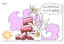 Size: 540x375 | Tagged: safe, artist:kolshica, princess celestia, alicorn, pony, cake, cakelestia, card, dialogue, food, solo