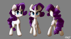 Size: 7189x4000 | Tagged: safe, artist:bloodatius, rarity, pony, unicorn, absurd resolution, female, gray background, looking at you, mare, rear view, signature, simple background, solo