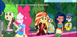 Size: 1280x614 | Tagged: safe, screencap, cherry crash, desert sage, microchips, pinkie pie, sunset shimmer, better together, equestria girls, sunset's backstage pass!, cellphone, clothes, crossed arms, doodle bug, female, geode of empathy, geode of sugar bombs, glasses, magical geodes, male, pants, phone, smartphone