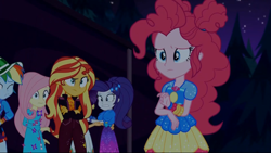 Size: 1366x768 | Tagged: safe, screencap, applejack, fluttershy, pinkie pie, rainbow dash, rarity, sunset shimmer, better together, equestria girls, sunset's backstage pass!, caress, comforting, faic, holding each other, scared, shipping fuel