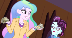 Size: 716x380 | Tagged: safe, edit, edited screencap, screencap, princess celestia, principal abacus cinch, principal celestia, equestria girls, friendship games, money