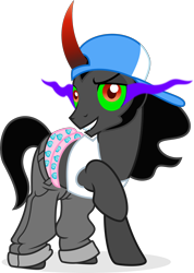 Size: 1732x2433 | Tagged: safe, artist:punzil504, derpibooru import, king sombra, unicorn, backwards ballcap, baseball cap, cap, clothes, curved horn, hat, male, raised hoof, rapper, simple background, solo, sombra eyes, stallion, transparent background