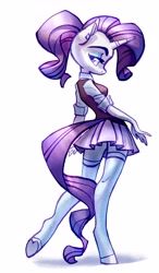 Size: 2224x3820 | Tagged: safe, artist:holivi, rarity, anthro, unguligrade anthro, unicorn, alternate hairstyle, clothes, female, legs, mare, miniskirt, pleated skirt, ponytail, school uniform, shirt, simple background, skirt, solo, stockings, sweater vest, thigh highs, white background, zettai ryouiki