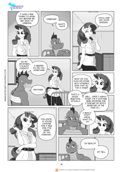 Size: 1280x1810 | Tagged: safe, artist:pia-sama, rarity, spike, anthro, dragon, unicorn, comic:rogue diamond, bandage, clothes, comic, dialogue, duo, female, mare, monochrome, older, older spike, smiling, speech bubble