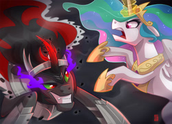 Size: 1247x900 | Tagged: safe, artist:seanica, derpibooru import, king sombra, princess celestia, alicorn, pony, unicorn, curved horn, fight, glowing horn, hoof shoes, horn, magic, rearing, sombra eyes