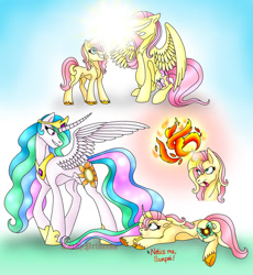 Size: 1024x1111 | Tagged: safe, artist:tardyprincess, fluttershy, princess celestia, oc, oc:morning glory, alicorn, pegasus, pony, unicorn, cloven hooves, curved horn, fire, magic, magical lesbian spawn, notice me senpai, offspring, parent:fluttershy, parent:sunset shimmer, parents:sunshyne, senpai, unshorn fetlocks