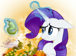 Size: 1000x739 | Tagged: safe, artist:tiffanymarsou, rarity, pony, unicorn, april fools, biting pear of salamanca, duo, food, glowing horn, magic, pear, signature