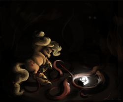 Size: 944x784 | Tagged: safe, artist:leszkaksawery, derpibooru import, applejack, earth pony, pony, body horror, dark, eldritch abomination, fight, gritted teeth, lantern, monster, night, signature, tentacles