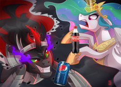 Size: 1247x900 | Tagged: safe, artist:seanica, derpibooru import, edit, king sombra, princess celestia, alicorn, pony, unicorn, coca-cola, curved horn, fight, glowing horn, hoof shoes, horn, magic, pepsi, rearing, soda, sombra eyes