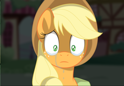 Size: 844x587 | Tagged: safe, artist:kumkrum, applejack, earth pony, pony, cropped, crying, frown, looking at you, reaction image, sad, solo, wide eyes