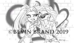 Size: 1280x740 | Tagged: safe, artist:bevin brand, aria blaze, sunset shimmer, equestria girls, blushing, brick wall, commission, female, geode of empathy, graffiti, lesbian, lineart, magical geodes, monochrome, obtrusive watermark, official fan art, shipping, sleeveless, spray can, spray paint, sunblaze, watermark