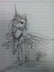 Size: 1920x2560 | Tagged: safe, artist:nuttypanutdy, princess celestia, alicorn, pony, grayscale, inktober, lined paper, monochrome, raised hoof, solo, spread wings, traditional art