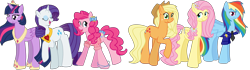 Size: 8125x2282 | Tagged: safe, artist:melodytheunicorn, derpibooru import, applejack, fluttershy, pinkie pie, rainbow dash, rarity, twilight sparkle, twilight sparkle (alicorn), alicorn, earth pony, pegasus, pony, unicorn, alternate hairstyle, applejack's hat, bowtie, clothes, cowboy hat, crown, diamond, eyes closed, female, flower, flower in hair, future, hair bow, hat, hoof shoes, jewelry, mane six, mare, necklace, regalia, simple background, transparent background, uniform