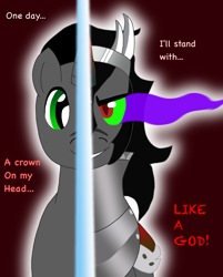 Size: 1600x1991 | Tagged: safe, artist:dasucs, artist:mtad2, derpibooru import, idw, king sombra, pony, umbrum, unicorn, fiendship is magic, 2 sides, armor, cape, clothes, crown, jewelry, kanye, regalia, solo, sombra eyes, song reference, the chainsmokers, two sided posters