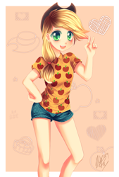 Size: 723x1072 | Tagged: dead source, safe, artist:shizuochan776, applejack, human, clothes, daisy dukes, humanized, peace sign, shirt, solo