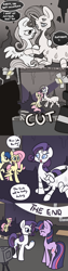 Size: 700x2800 | Tagged: safe, artist:otterlore, derpibooru import, powder rouge, rarity, twilight sparkle, drider, monster pony, original species, spider, spiderpony, april fools, camera, clothes, comic, costume, film set, species swap, spiderponyrarity, the end, tumblr, what a twist