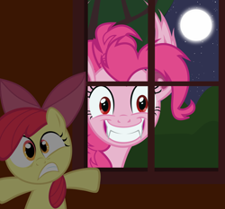 Size: 6000x5600 | Tagged: safe, artist:magister39, apple bloom, pinkie pie, bat pony, pony, absurd resolution, bat ponified, grin, hiding, moon, night, pinkiebat, race swap, scared, vector