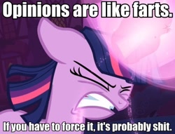 Size: 400x305 | Tagged: safe, derpibooru import, edit, edited screencap, screencap, twilight sparkle, image macro, implied sharting, meme, opinion, solo, vulgar