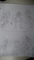 Size: 670x1191 | Tagged: safe, artist:supahdonarudo, fluttershy, pinkie pie, princess celestia, princess luna, rarity, alicorn, earth pony, parasprite, pegasus, pony, unicorn, buff, drawing, dream, heart eyes, lined paper, muscles, ronald mcdonald, thought bubble, traditional art, waluigi, wingding eyes