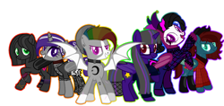Size: 1280x602 | Tagged: safe, artist:kookiebeatz, artist:meimisuki, oc, oc only, oc:after-party, oc:dusk's light, oc:midnight harvest (ice1517), oc:monochrome rainbow, oc:nightingale (ice1517), oc:quiet sanctuary, alicorn, bat pony, bat pony alicorn, pony, alicorn oc, anklet, bandana, base used, bat pony oc, beanie, blaze (coat marking), boots, bracelet, choker, clothes, cowboy hat, cut, dress, ear piercing, earring, face paint, face tattoo, female, flannel, glasses, goth, group, harlequin, harlequin jester, hat, horn ring, jester, jester hat, jewelry, jumper, makeup, mare, multicolored hair, nose piercing, nose ring, open mouth, piercing, ponytail, rainbow hair, raised hoof, scar, shoes, simple background, smiling, socks, solo, spiked choker, stockings, sweater, tattoo, teeth, thigh highs, transparent background, wall of tags, wristband