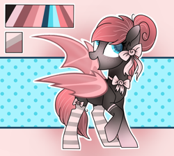 Size: 1500x1350 | Tagged: safe, artist:irennecalder, oc, oc only, oc:dark raspberries, bat pony, pony, abstract background, bat pony oc, bow, bowtie, clothes, female, freckles, hair bun, mare, open mouth, raised hoof, reference sheet, socks, solo, stockings, striped socks, thigh highs