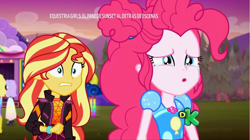 Size: 1280x719 | Tagged: safe, screencap, pinkie pie, sunset shimmer, better together, equestria girls, sunset's backstage pass!, background human, crying, discovery kids, geode of sugar bombs, magical geodes, nostrils, sad, spanish, spanish text