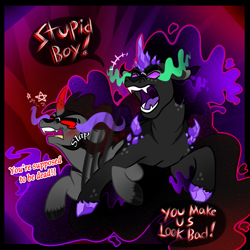 Size: 800x800 | Tagged: safe, artist:eve-of-halloween, derpibooru import, king sombra, oc, oc:king umbrum, original species, pony, unicorn, angry, ask, bickering, crystalcorn, family, father and child, father and son, fight, hallowverse, male, next generation, parent and child, parent oc, prevgen, slap, sombra eyes, tumblr, yelling