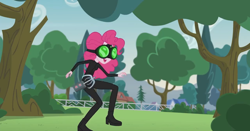 Size: 1366x714 | Tagged: safe, screencap, pinkie pie, equestria girls, friendship games, pinkie spy (short), cat burglar, catsuit, goggles, grappling hook, night vision goggles, pinkie spy, rope, sam fisher, splinter cell, stealth, stealth suit