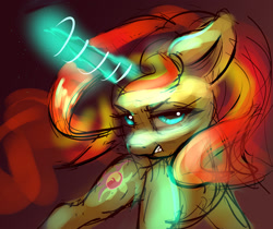 Size: 2432x2047 | Tagged: safe, artist:xbi, sunset shimmer, pony, unicorn, 30 minute art challenge, action pose, angry, badass, female, glowing horn, horn, looking at you, magic, mare, solo