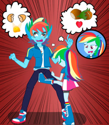 Size: 837x954 | Tagged: safe, artist:urhangrzerg, derpibooru import, rainbow blitz, rainbow dash, equestria girls, angry, ball busting, equestria guys, groin attack, kicking, male, ouch, pictogram, rainbow douche, rule 63, self paradox