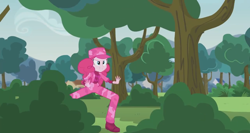 Size: 1366x727 | Tagged: safe, screencap, pinkie pie, equestria girls, friendship games, pinkie spy (short), bush, camouflage, clothes, crystal prep academy, female, grin, pinkie spy, smirk, solo, tree, uniform