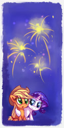 Size: 911x1823 | Tagged: safe, artist:ajvl, applejack, rarity, earth pony, pony, unicorn, female, fireworks, happy new year, lesbian, rarijack, shipping, style emulation