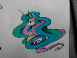 Size: 1632x1224 | Tagged: safe, artist:danton-y17, princess celestia, alicorn, pony, bust, crown, female, jewelry, lidded eyes, mare, peytral, portrait, regalia, simple background, solo, traditional art