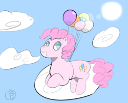 Size: 840x680 | Tagged: safe, artist:an-honest-appul, pinkie pie, earth pony, pony, balloon, cloud, floating, grin, lens flare, smiling, solo, sun, then watch her balloons lift her up to the sky