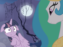 Size: 1990x1500 | Tagged: safe, artist:masterfrasca, princess celestia, twilight sparkle, twilight sparkle (alicorn), alicorn, pony, blurry background, desaturated, disappointed, everfree forest, floppy ears, night, scared, trace