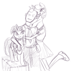 Size: 765x753 | Tagged: safe, artist:illfric, derpibooru import, twilight sparkle, twilight sparkle (alicorn), alicorn, human, mantis pony, pony, reverse centaur, anonymous, daughter, family, father, female, mantidequus, mare, monochrome, mother, offspring