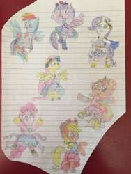 Size: 2448x3264 | Tagged: safe, artist:dupontsimon, applejack, fluttershy, pinkie pie, rainbow dash, rarity, sunset shimmer, twilight sparkle, twilight sparkle (alicorn), alicorn, pony, fanfic:magic show of friendship, better together, equestria girls, lined paper, mane five, mane six, photo, super ponied up, traditional art