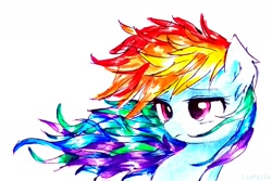 Size: 1674x1115 | Tagged: safe, artist:liaaqila, derpibooru import, rainbow dash, pegasus, pony, sad, simple background, traditional art, white background, windswept mane