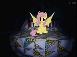 Size: 960x720 | Tagged: safe, artist:tellabart, fluttershy, bat pony, pony, bed, five nights at freddy's, five nights at freddy's 4, flutterbat