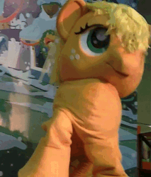 Size: 613x720 | Tagged: safe, applejack, earth pony, pony, my little pony live, animated, live action, nightmare fuel, quadsuit, stomping