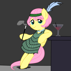 Size: 945x945 | Tagged: safe, artist:ced75, artist:megasweet, fluttershy, pegasus, pony, alternate hairstyle, bipedal, bipedal leaning, cigarette, cigarette holder, drink, feather in hair, flapper, headband, leaning, smoking, solo
