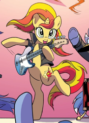 Size: 360x496 | Tagged: safe, idw, sunset shimmer, pony, unicorn, spoiler:comic, spoiler:comic79, blue beats, clothes, cropped, female, guitar, hooves, jacket, mare, raised hoof, raised leg, solo focus, sunset shredder