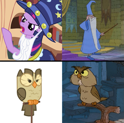 Size: 619x614 | Tagged: safe, derpibooru import, owlowiscious, star swirl the bearded, twilight sparkle, human, owl, pony, 5th century, archimedes, comparison, magician, merlin, middle ages, raised hoof, star swirl the bearded costume, the sword in the stone, wizard