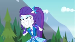 Size: 1100x618 | Tagged: safe, screencap, rarity, equestria girls, legend of everfree, bedroom eyes, jewelry, mountain, ponied up, solo, sparkles, super ponied up, tree