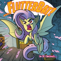 Size: 660x655 | Tagged: safe, artist:tonyfleecs, idw, fluttershy, bat pony, pony, night of the living apples, spoiler:comic, spoiler:comic32, female, flutterbat, mare, official comic, open mouth, solo, speech bubble, spread wings, to be continued, wings