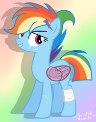 Size: 1552x1976 | Tagged: safe, artist:kokonaharuka45, derpibooru import, rainbow dash, pegasus, pony, alternate timeline, amputee, apocalypse dash, augmented, badass, bandage, crystal war timeline, eye scar, female, gradient background, prosthetic limb, prosthetic wing, prosthetics, rainbow, scar, smiling, torn ear